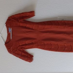 Antonio Melani sz0 Dress. Orange cocktail dress. Pencil dress with lace details